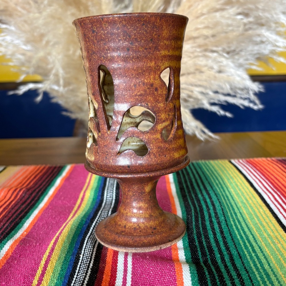 Vintage Studio Pottery Stoneware Votive Candle‎ Holder Pedestal Cutout Signed